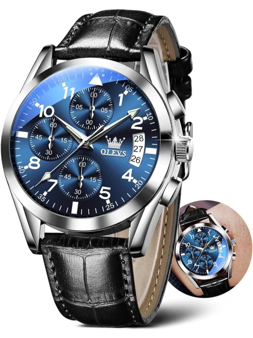 Men's Silver Large Face Black Leather Analog Quartz Chronograph Waterproof Watch